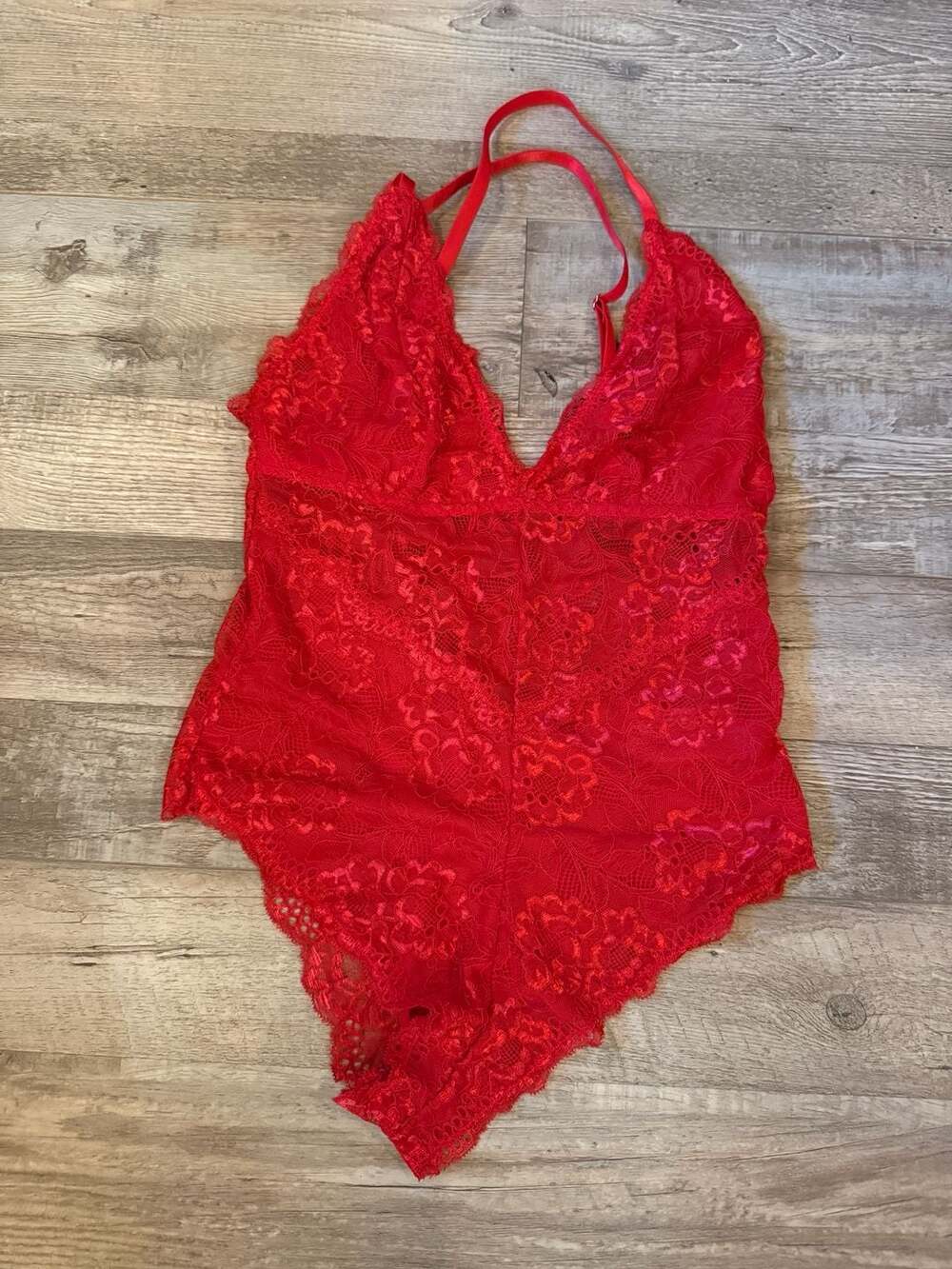 Avidlove Sheer Red Lace Chemise Bodysuit with Floral Detail size S